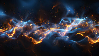 Abstract digital art with fiery and cool hues of light waves intertwined in a dynamic, cosmic dance, creating a mesmerizing visual display.