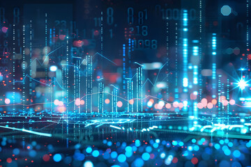 Obraz premium Abstract digital technology background with data visualization, glowing lights, and numerical patterns depicting a futuristic interface.