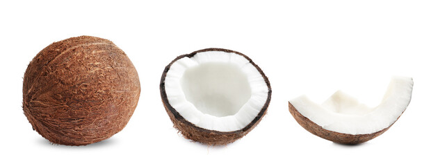 Coconut isolated on white. Whole, half and pieces