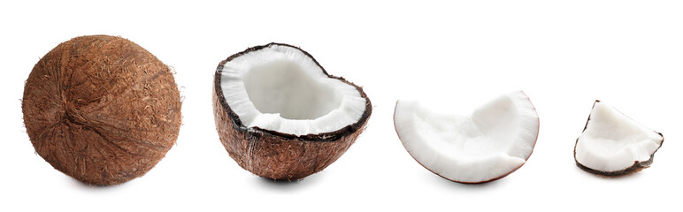 Coconut isolated on white. Whole, half and pieces