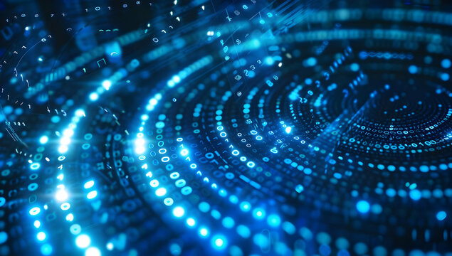 Abstract digital data visualization with glowing blue binary code and spirals representing technology, data analysis, and information flow.