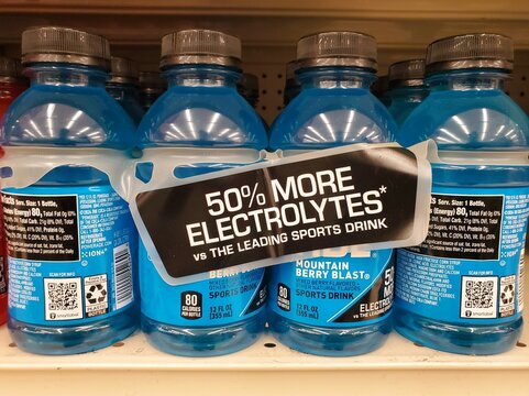 Wilmington, Delaware, U.S.A - June 26, 2024 - The blue Powerade sports drink electrolytes enchanced Mountain Berry Blast flavor