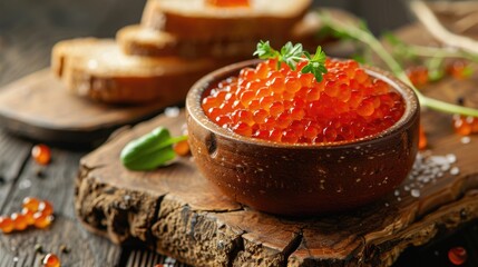 Bowl of salmon red caviar and sandwiches on wood board