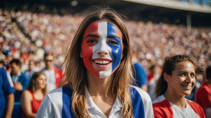 Happy French woman supporter with face painted in French flag
