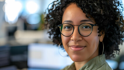 Confident woman with curly hair and glasses smiling in an office setting, showcasing a professional and positive work environment.