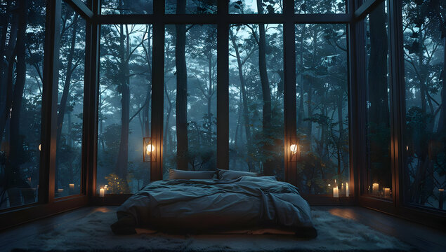 Cozy bedroom with large glass windows overlooking a serene forest at dusk, featuring soft lighting and a peaceful ambiance.