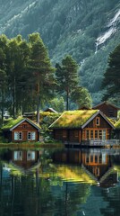 Naklejka premium Cabins by the lake with forest and mountains in the background, peaceful nature retreat concept