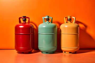 Three Gas Cylinders on Orange Background.