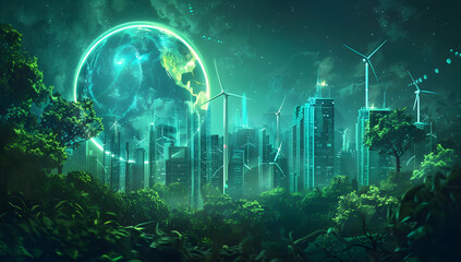 Obraz premium Futuristic green cityscape with eco-friendly architecture, wind turbines, and a vibrant forest backdrop under a glowing moon.