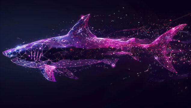 Futuristic digital art representation of a glowing robotic shark in space with a vibrant mix of purple and pink light effects.