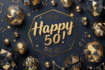 Celebrating 50, happy text in festive font, marking a joyful milestone, perfect for birthday invitations, anniversary announcements, or celebratory designs with a cheerful and vibrant theme