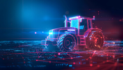 Futuristic tractor in a digital neon landscape, representing modern technology in agriculture and farming innovation. High tech farm equipment.