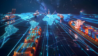 Fototapeta premium Global logistics network with container ships, digital map overlay, and international trade connections under the night sky.