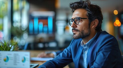 Fototapeta premium Business analyst working with Data Management System, creating reports with KPIs and metrics for finance By Generated AI