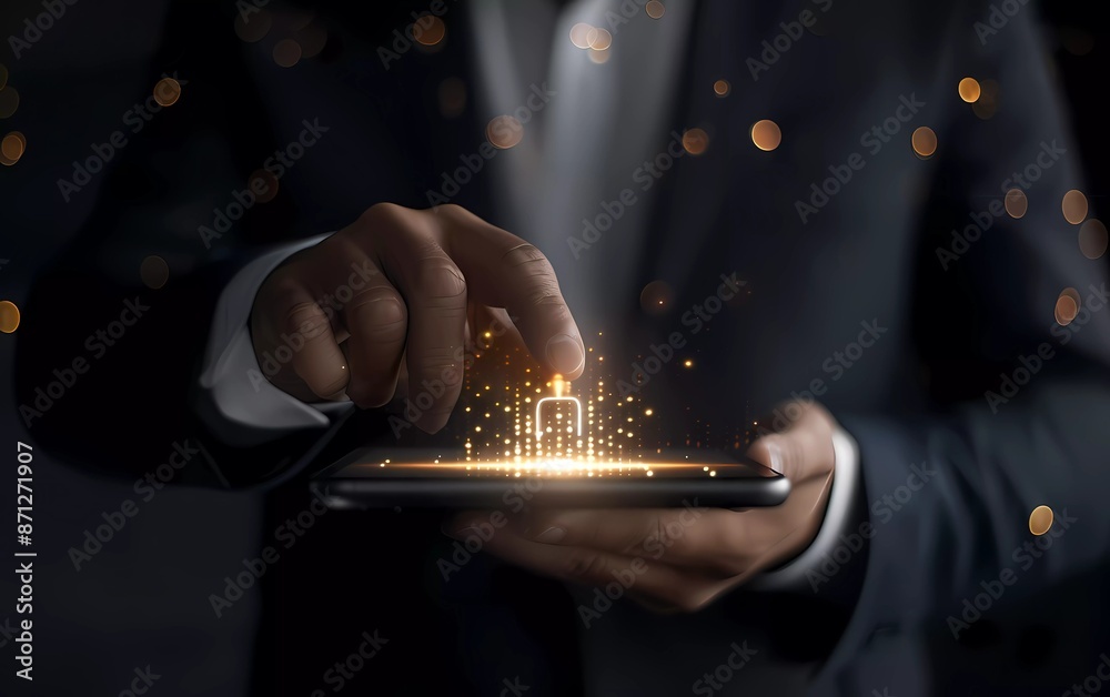 Poster businessman touching a digital padlock icon on a digital pad in the style of data connection technol