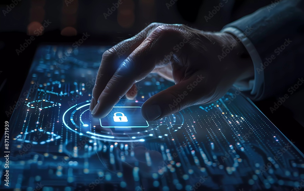 Poster businessman touching a digital padlock icon on a digital pad in the style of data connection technol