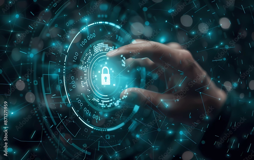 Poster businessman touching a digital padlock icon on a digital pad in the style of data connection technol