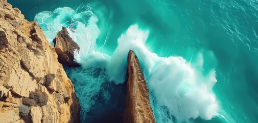Aerial view of a rocky coast with turquoise water and white waves crashing.