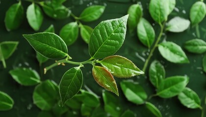 Obraz premium Green Tea Leaves on Dark Background