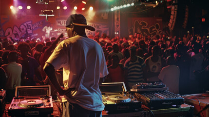 A DJ oversees his turntables, orchestrating beats for an enraptured crowd in a vibrant, graffiti-themed concert setting.