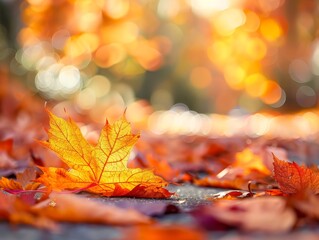 Orange maple leaves on the ground with a bokeh effect defocused background - ai