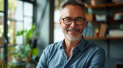Happy mid aged business man executive standing in office. Smiling mature professional manager, confident businessman investor looking at camera, headshot close up portrait.