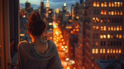 Obraz premium beautiful woman with her back on a tall building overlooking a beautiful sunset of a city
