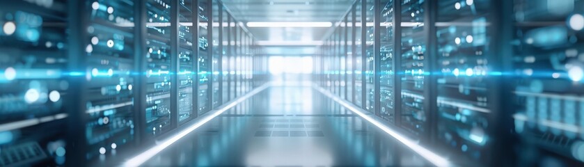Abstract futuristic server room with glowing blue lights.