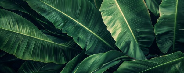 Close-up of tropical banana leaves, vibrant green foliage
