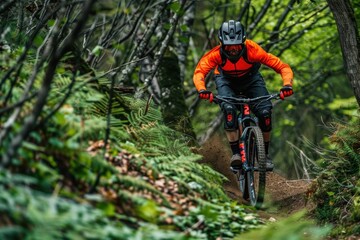 Naklejka premium An adventurous mountain biker navigates through a dense, lush forest trail, showcasing the thrill and challenge of off-road cycling.