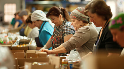 Individuals work in a community kitchen, preparing and packing meals with dedication and teamwork for those in need.