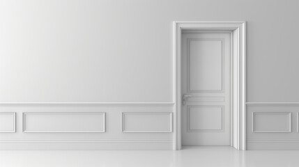 Fototapeta premium Simple white door in a primarily white room with elegant molding and soft natural light.
