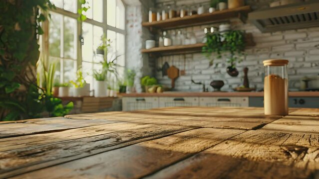 Wooden table on blurred kitchen bench background, Advertisement, Print media, Illustration, Banner, for website, copy space, for word, template, presentation