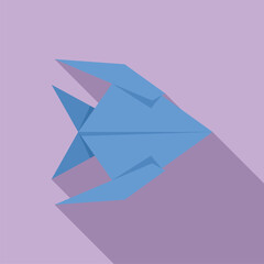 Blue origami fish folded from paper casting a long shadow on a purple background
