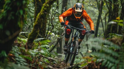 Fototapeta premium An adventurous mountain biker navigates through a dense, lush forest trail, showcasing the thrill and challenge of off-road cycling.