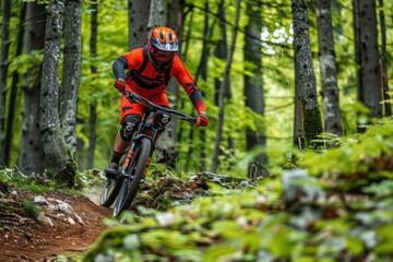 An adventurous mountain biker navigates through a dense, lush forest trail, showcasing the thrill and challenge of off-road cycling.
