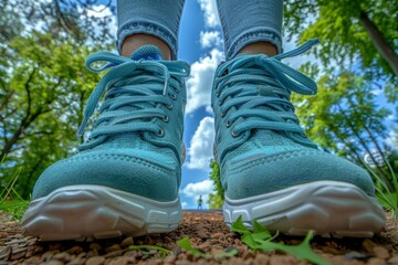A young individual with untied blue sneakers is standing on the ground with a clear blue sky in the background. The person is wearing casual blue jeans, creating a relaxed look
