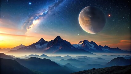 Mountains under a night sky with two moons , mountains, night sky, moons, stars, landscape, scenic, majestic, celestial