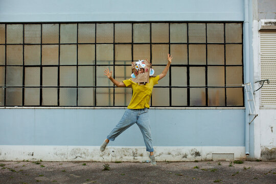 woman in diy monster mask  