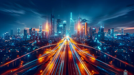 Illuminated futuristic city skyline at night with converging transportation network of elevated maglev trains and highways interconnected with intelligent sensor systems and digital infrastructure