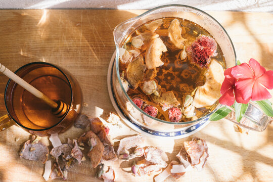 Tea and teapot shot from above