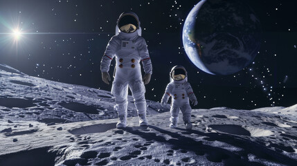 Obraz premium Two astronauts standing on the moon, illuminated by sunlight, with Earth in the background, depicting monumental space achievements and celestial beauty.