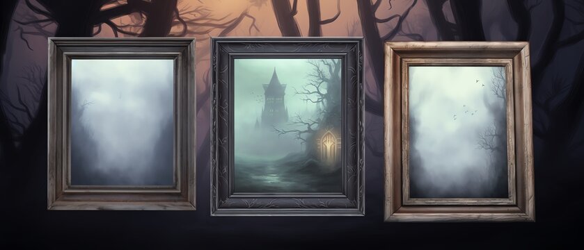 Three framed paintings in a dark forest depicting mysterious and eerie scenes with fog and a haunted house.