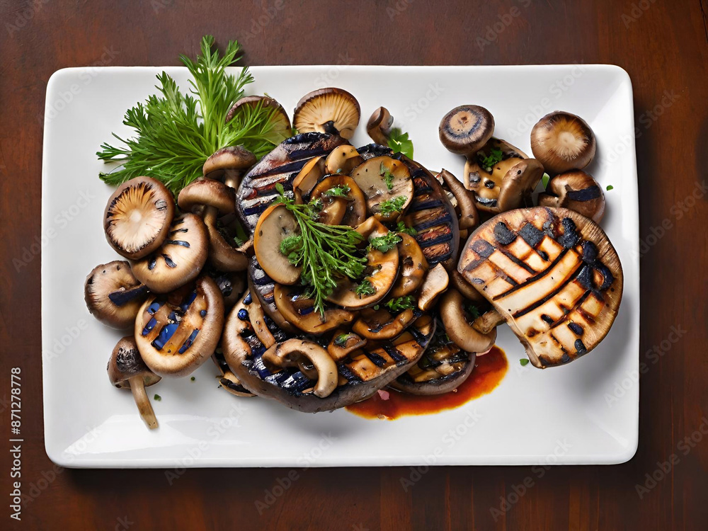 Canvas Prints roasted mushrooms with vegetables and herbs on a white plate