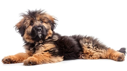 Adorable Tibetan Terrier Puppy Relaxing on Belly with Fluffy Coat Raised Head