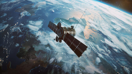 Obraz premium A satellite orbits the Earth, with the curvature of the planet and cloud formations visible against the backdrop of space.