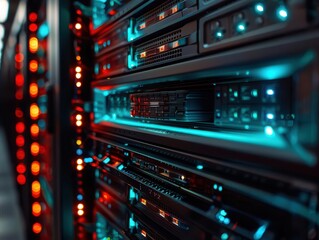 Hightech data center with rows of servers, illuminated by blue LED lights, showcasing advanced technology and secure data storage, perfect for illustrating modern IT infrastructure