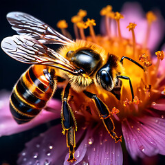 A Bee Collecting Pollen from a Flower Stamen: A Close-Up of the Intricate Details of Its Body and the Floral Structure