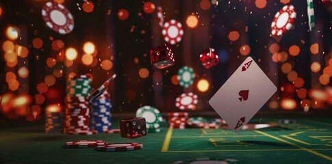 poker cards and chips flying on green table, dice, dark background with bokeh lights, banner for casino website