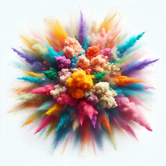 Fototapeta premium Abstract multicolor powder explosion on white background. Colored cloud. Colorful dust explode. Painted Holiday powder festival. Ai generative